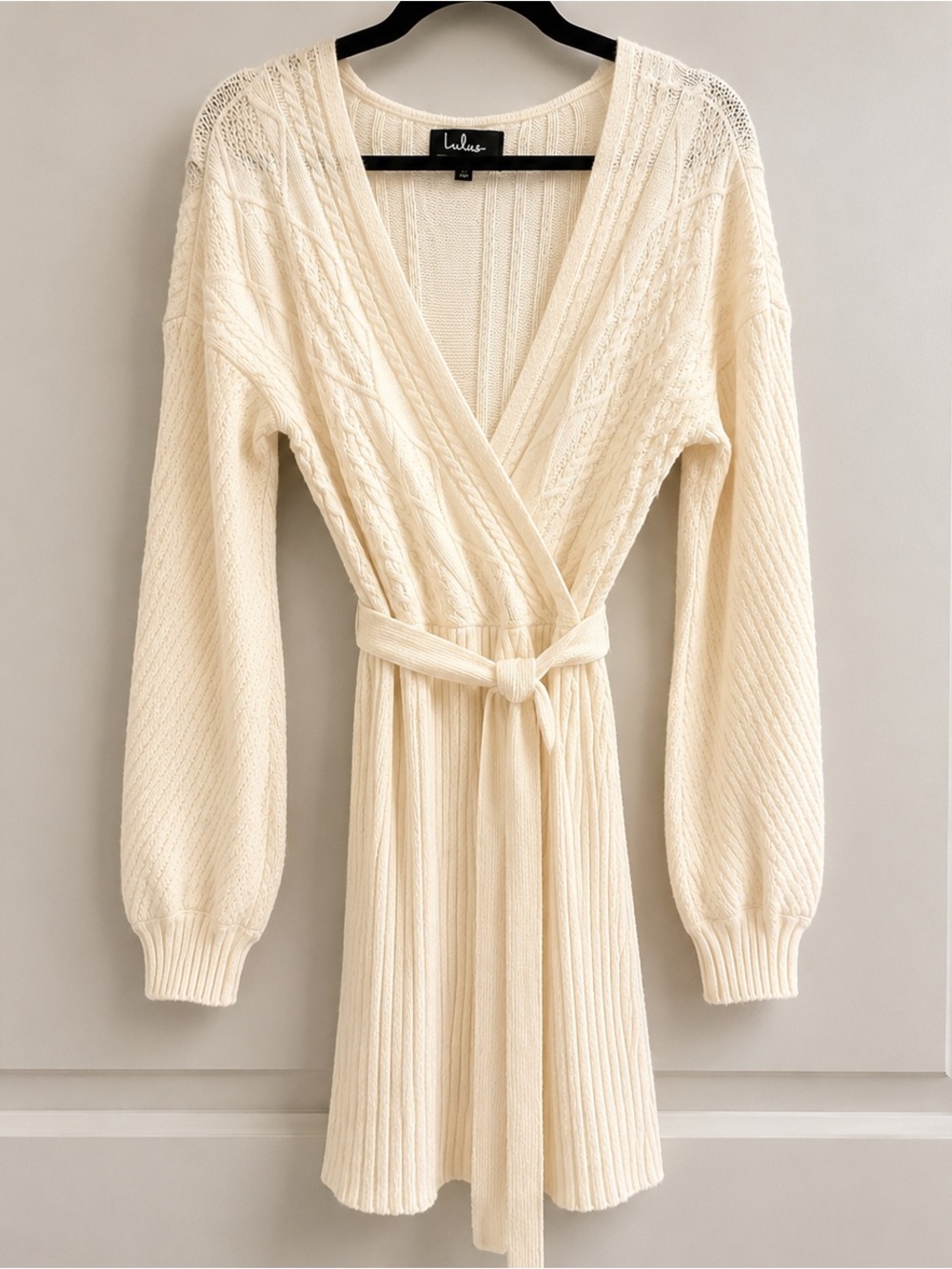 Lulu's Ivory Cable-Knit Wrap Dress